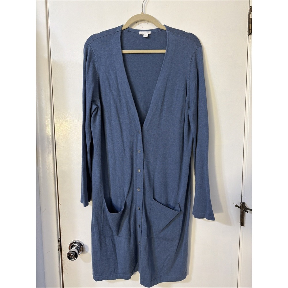 J Jill Cardigan Sweater Sz Large Button Up Blue V Neck Cotton Cashmere Pocket